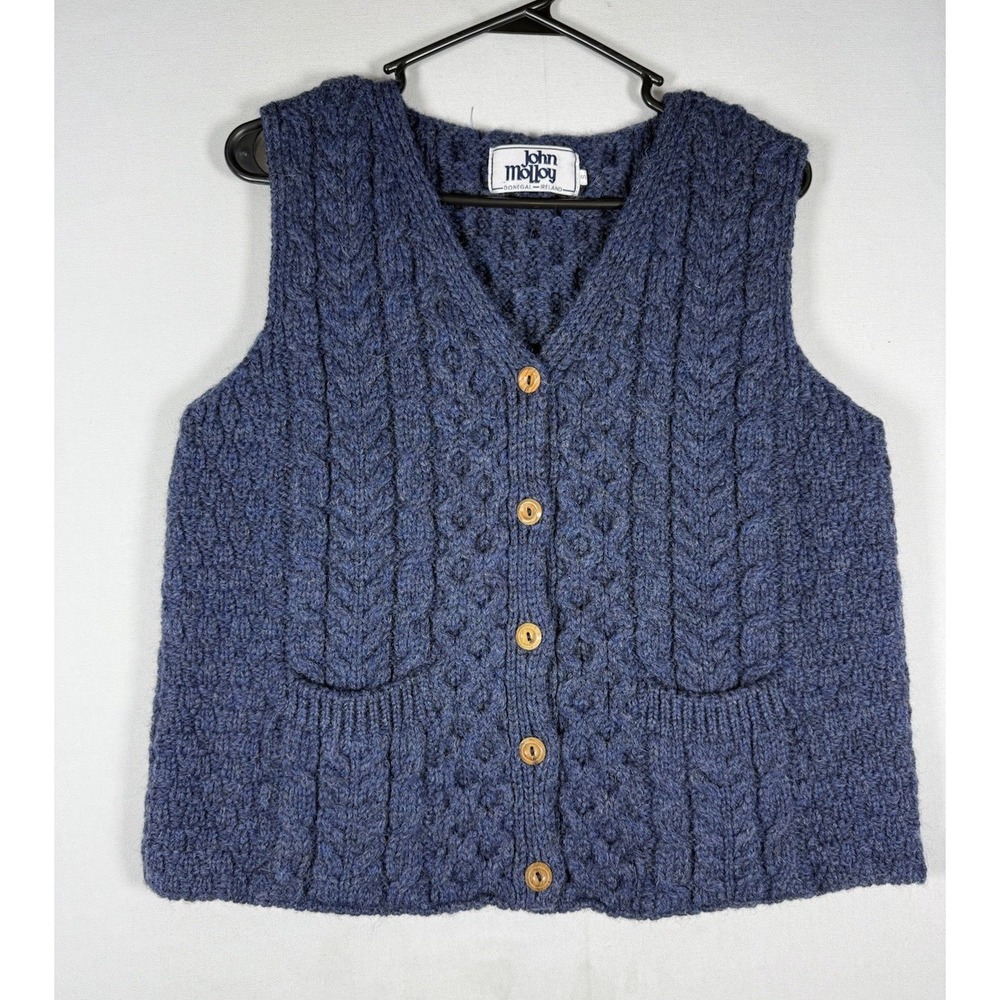 VINTAGE John Molloy Sweater Vest Womens Small Blue Wool Cable Fisherman Ireland
